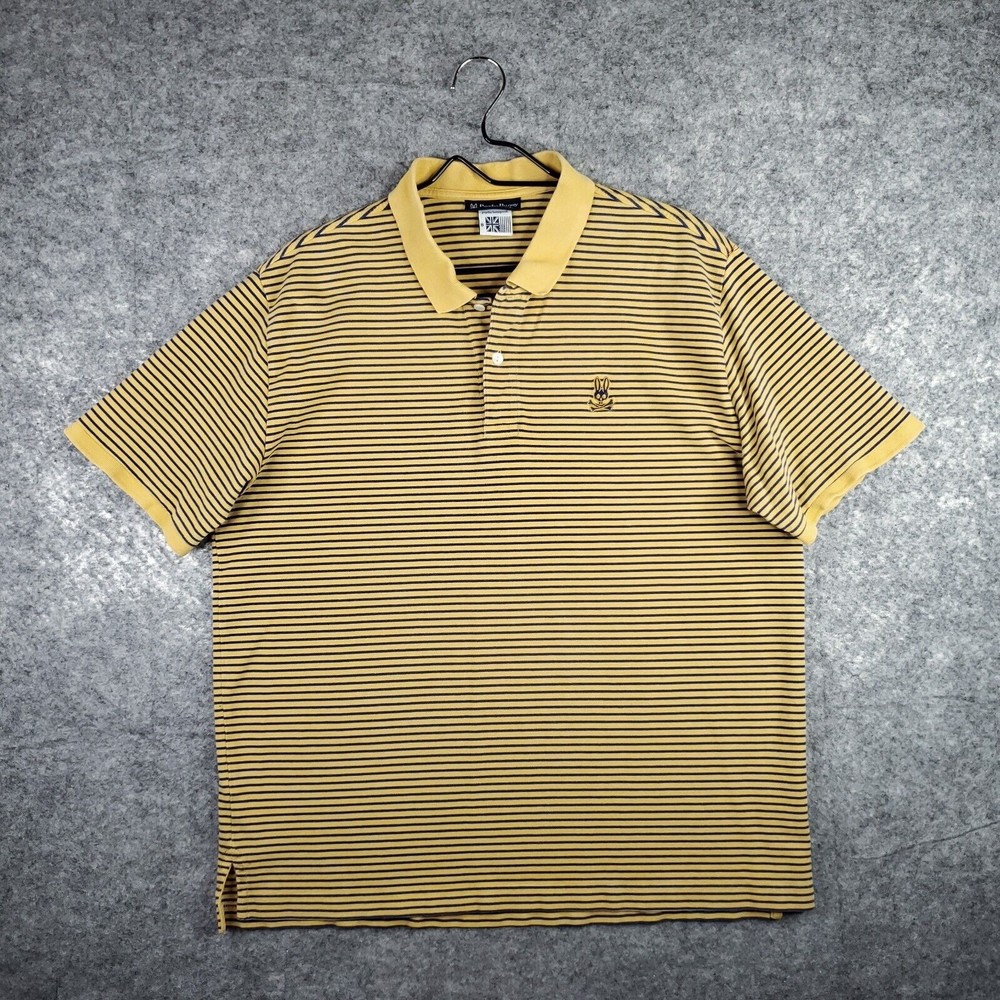 Psycho Bunny Polo Shirt Mens 2X 8 Yellow Blue Stripe Pima Cotton Short Sleeve